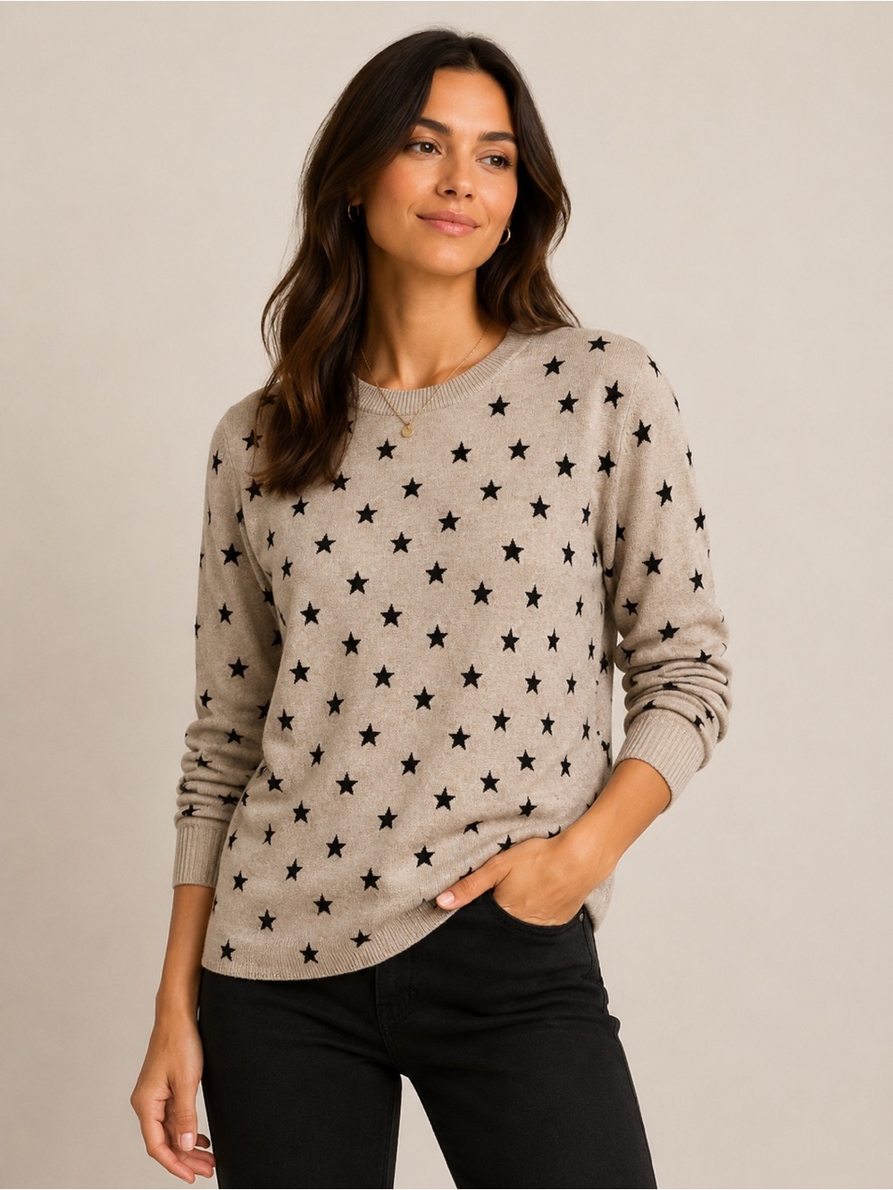 F&F Knit Sweater Crewneck Star Print Lightweight Women’s Small Neutral Black